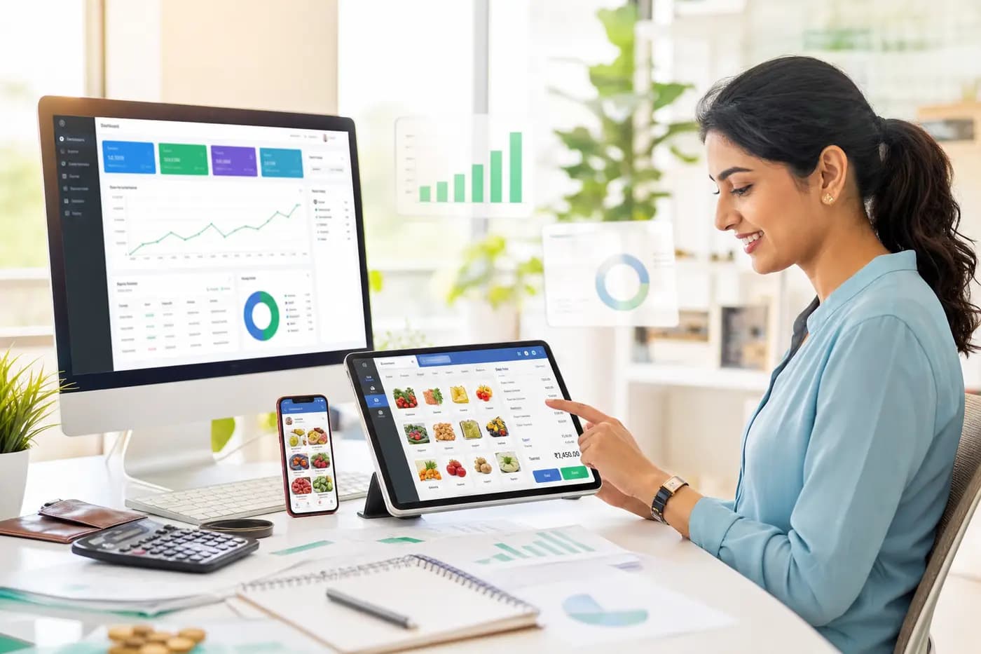 Sistema de facturación multiplataforma: dashboard en PC, POS en tablet y catálogo en celular