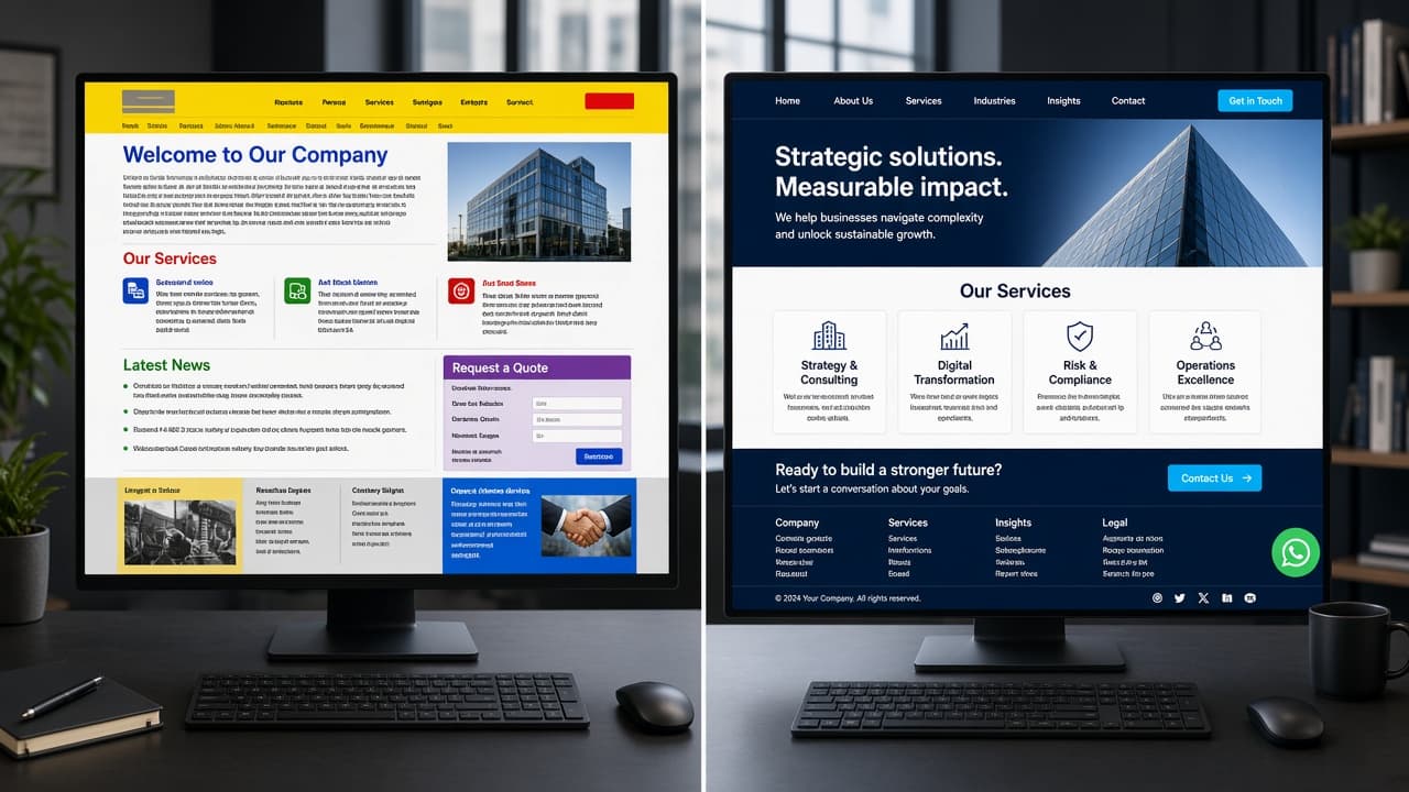 Comparación visual entre un sitio web desordenado y desactualizado y un sitio corporativo limpio con estructura y contacto claros.