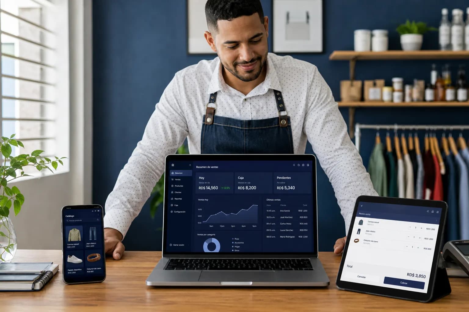 Dueño revisando ventas del día en computadora, tablet POS y catálogo en celular.