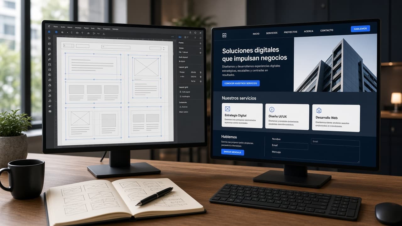 Proceso de diseño web en doble monitor: wireframes y layout en un lado, sitio corporativo casi terminado en el otro.