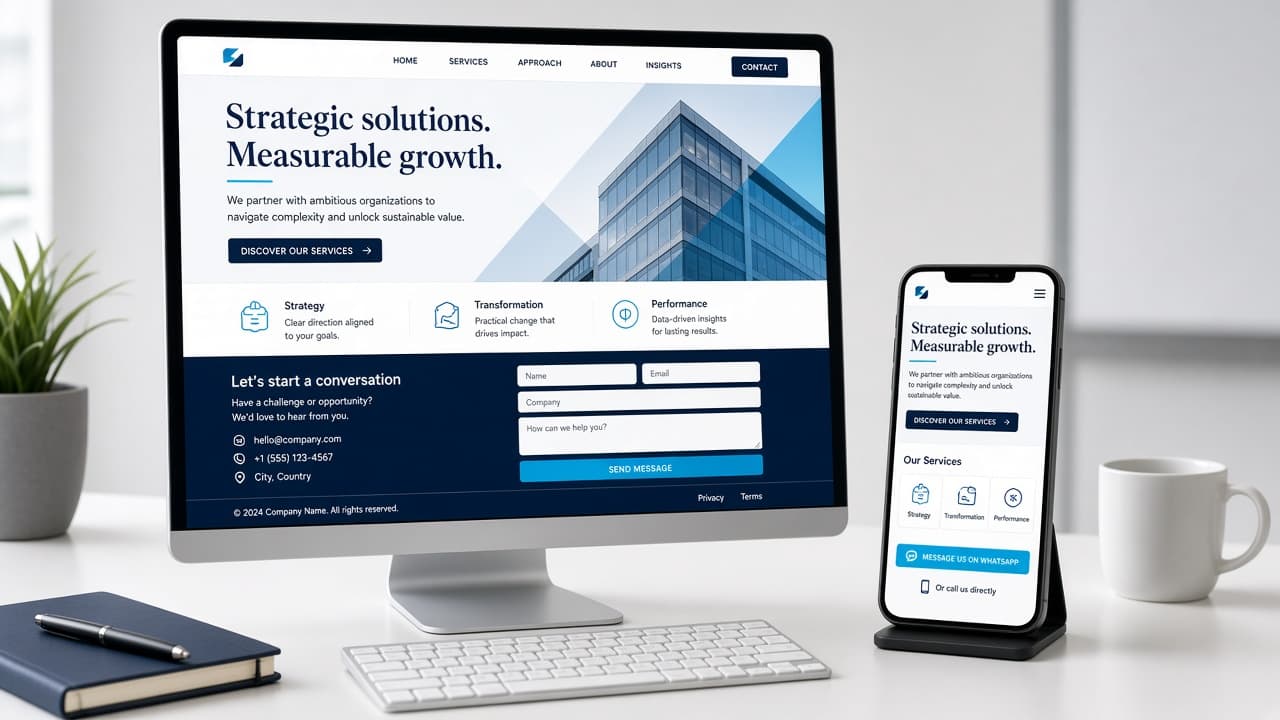 Escritorio y móvil mostrando el mismo sitio web corporativo con formulario de contacto y botón de conversación visibles.