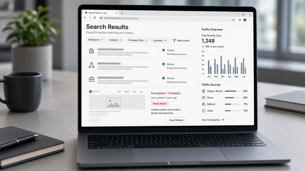 Laptop con resultados de búsqueda mostrando sitios corporativos completos frente a una presencia digital débil o incompleta.