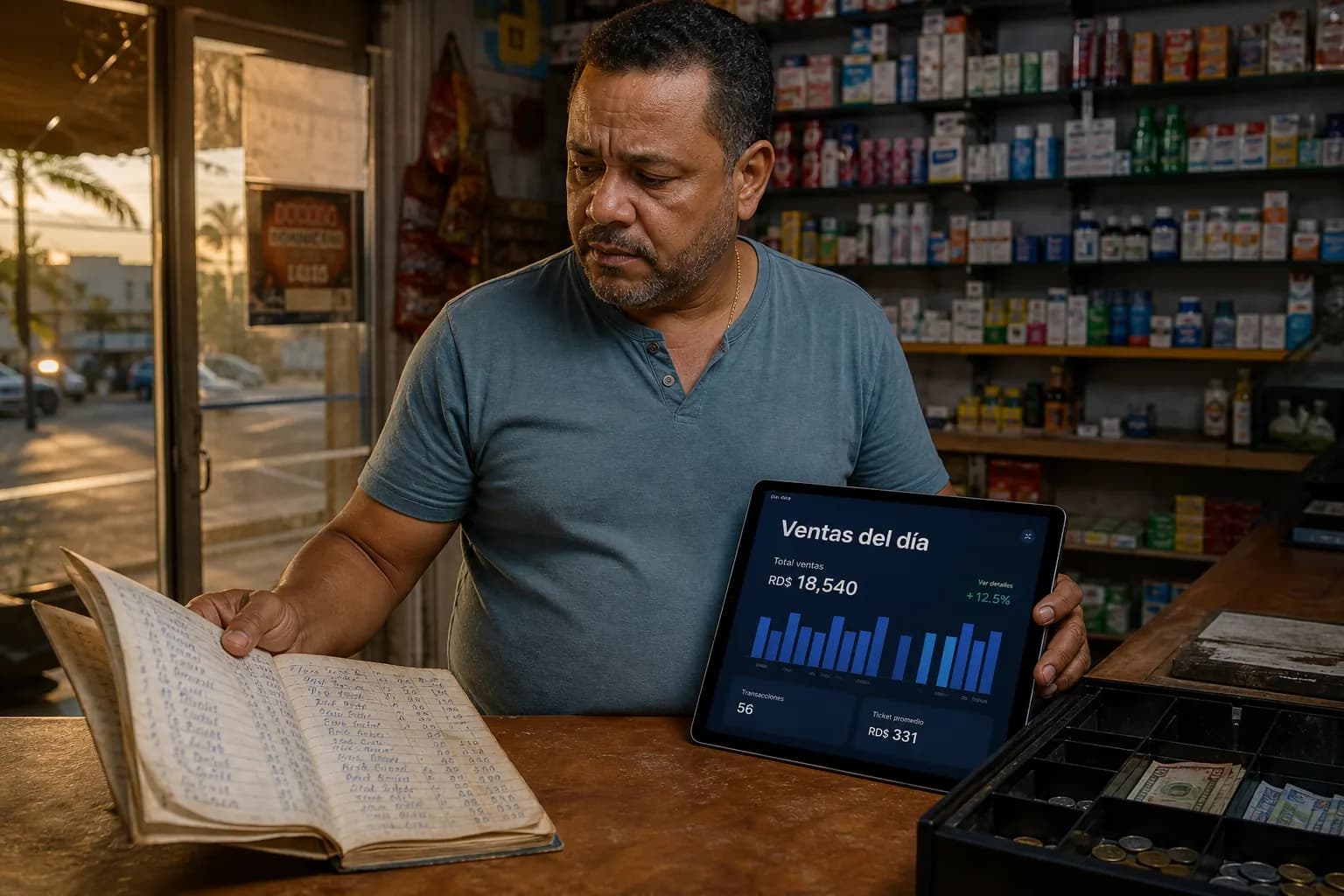Dueño de un comercio en República Dominicana comparando un cuaderno de ventas con un panel de control en tablet.