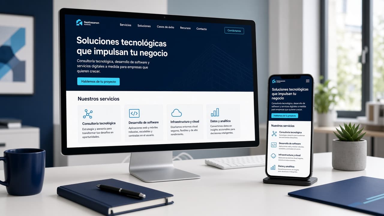 Monitor y smartphone mostrando un sitio web corporativo profesional, responsive y con llamada a la acción de contacto.